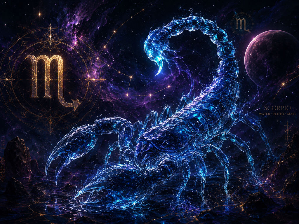 Mysterious Scorpio under a dark red cosmic sky